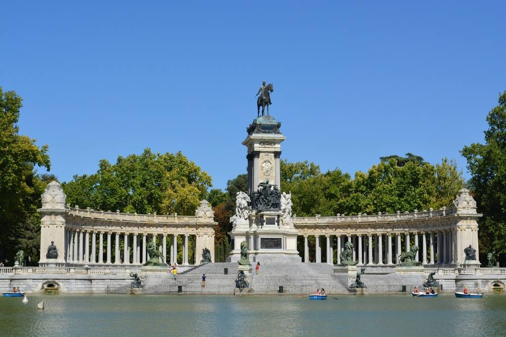 Monument to Alfonso XII with colonnade and pond in Retiro Park, a landmark of Madrid, Spain